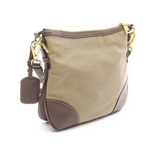 Prada Logo Jacquard Shoulder Bag Canvas Leather Beige Brown